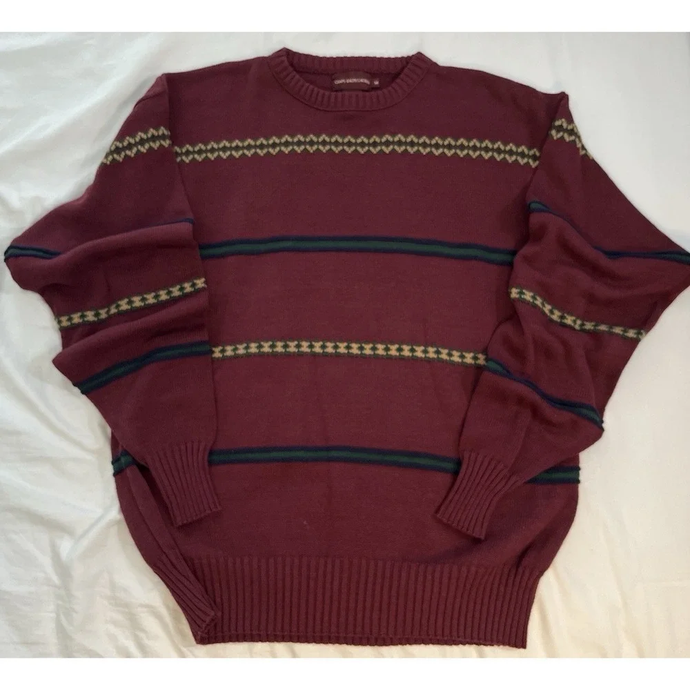 Vintage Chaps Ralph Lauren Sweater Mens‎ M Burgundy Striped Cotton Preppy USA
